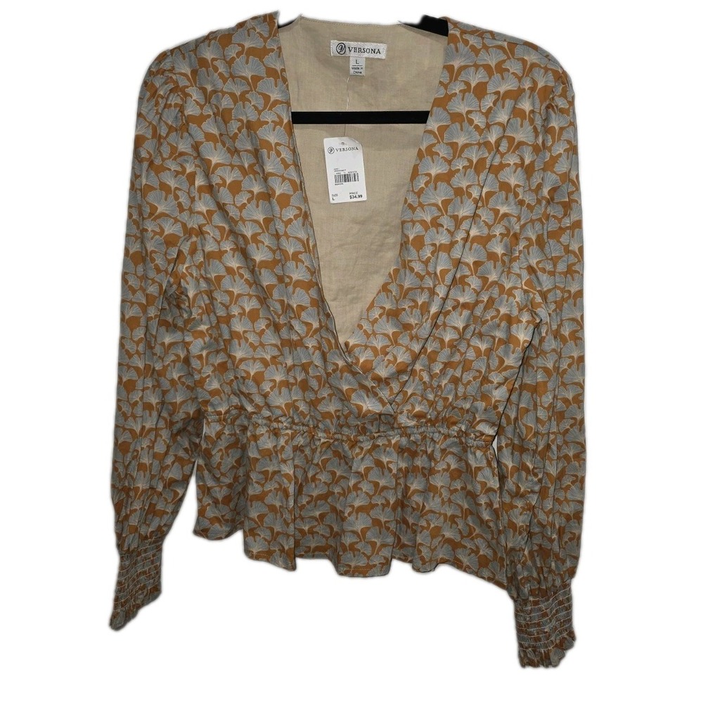 VERSONA Women's Size L Gray Floral Print Rust Tone Top with Flared Sleeves NWT